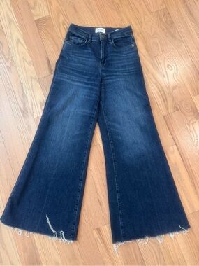 Frame Le Palazzo Crop Denim Wide-Leg Dark Blue Frayed-Hem Jeans